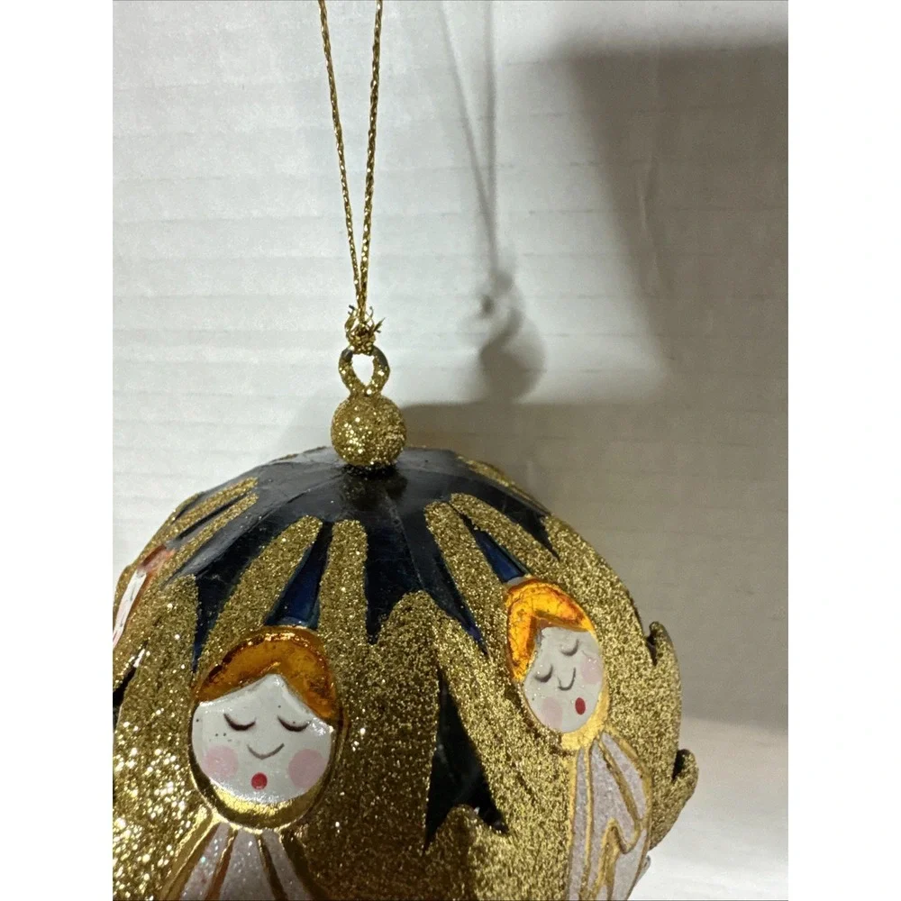 Pier 1 Imports Christmas Ornament Holiday Glittery Gold Navy Angels Metal Ball